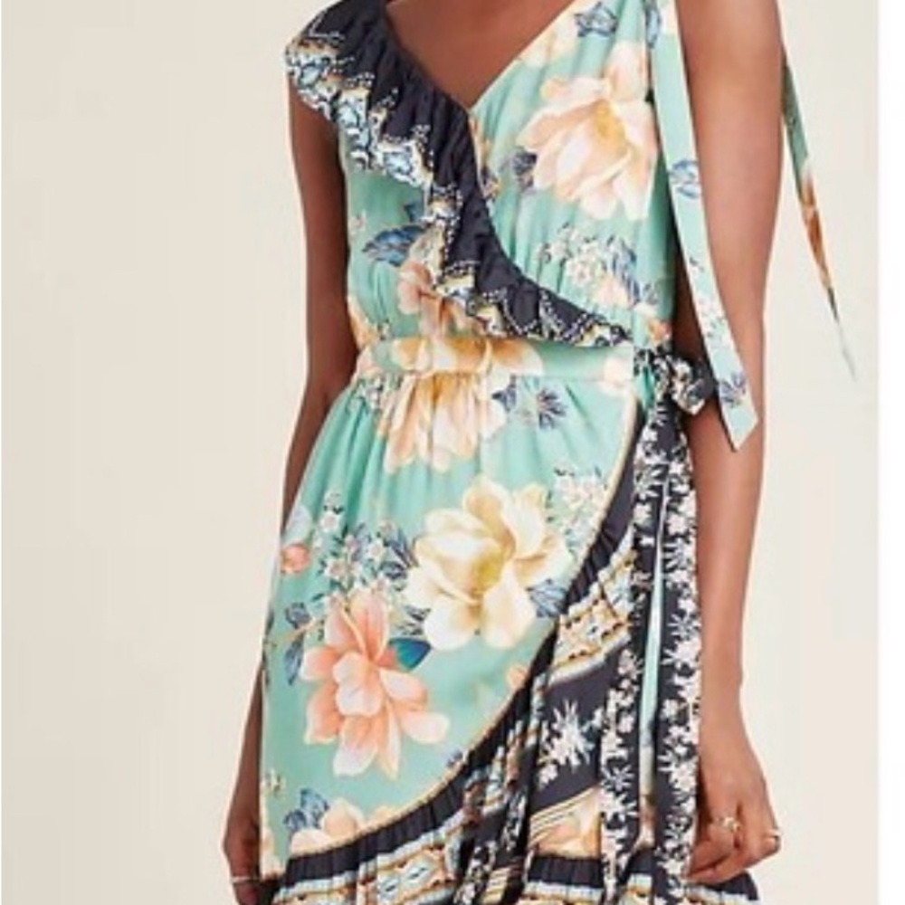 FARM Rio Mint Floral Ruffle Wrap Midi Dress with Navy Trim